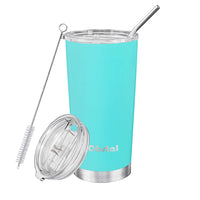 Obstal Stainless Steel Insulated Tumbler - Double Wall Vacuum Travel Mug for Coffee with Straw, Slider Lid, Cleaning Brush (20 oz, Aqua Blue)