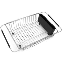 iPEGTOP Expandable Dish Drying Rack, Over the Sink Dish Rack, In Sink Or On Counter Dish Drainer with Black Utensil Holder Silverware Tray, Rustproof Stainless Steel for Kitchen