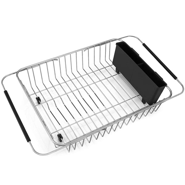 iPEGTOP Expandable Dish Drying Rack, Over the Sink Dish Rack, In Sink Or On Counter Dish Drainer with Black Utensil Holder Silverware Tray, Rustproof Stainless Steel for Kitchen