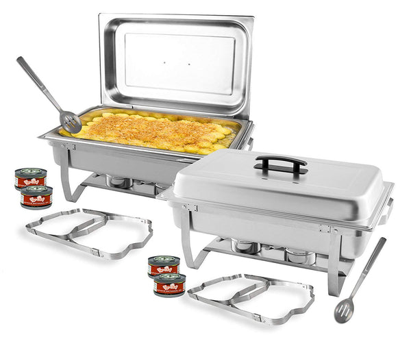 TigerChef 8 Quart Full Size Stainless Steel Chafer with Folding Frame and Cool-Touch Plastic on top - includes 2 Free Chafing Gels Burns 2.5 Hours and Slotted Serving Spoon (2, 8 Quart Chafer)