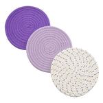 Pot Holders Set Trivets Set 100% Pure Cotton Thread Weave Hot Pot Holders Set (Set of 3) Stylish Coasters, Hot Pads, Hot Mats, Spoon Rest For Cooking and Baking by Diameter 7 Inches (Purple)