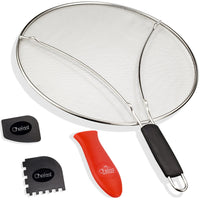 Elite Splatter Screen Set by Chefast - Combo Kit of 9.75" Grease Guard for Small and Medium Frying Pans, Cooking and Grill Pan Scrapers, and Silicone Hot Handle Holder - Ultra Fine Oil Splash Shield