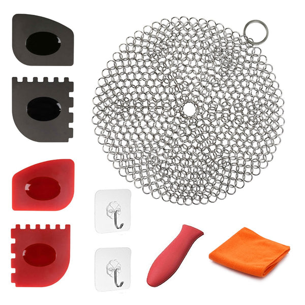 Cast Iron Cleaner 9 Packs XL 7 x 7 316L Stainless Steel Chainmail Scrubber for Skillets Cast Iron Pan With Silicone Hot Handle Holder+2 x Pan Scraper+2 x Grill Scraper+Kitchen Towel (Round)