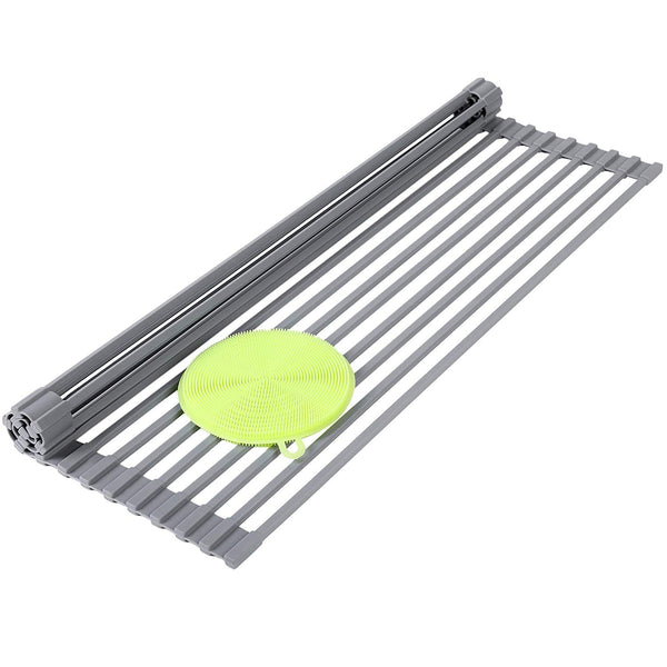 SONGMICS Roll Drainer Bonus Dish Scrubber Multipurpose Square Rods Drying Rack Over The Sink Kitchen Countertop 20 1/2”L x 13 3/8”W Gray UKDR02G