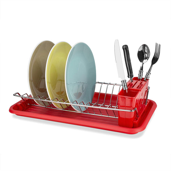 Home Basics Chrome Steel/Plastic Compact Dish Drainer, Air Drying and Organizing Dishes, Side Mounted Cutlery Holder, Red