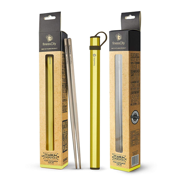 Titanium Chopsticks (NEW CASES) Extra Strong Ultra Lightweight Professional (Ti), Chopsticks Comes with Exclusive Quality Free NEW Aluminium Case (Yellow)