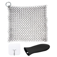 Cast Iron Cleaner Olivivi 8"x6" Stainless Steel Chainmail Scrubber with Hook and Handle Holder for Skillet