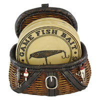 Pine Ridge Fisherman Fishing Creel Cool Table Drink Coaster Set Of 4 With Fishing Basket Base - Unique Funky Beverage Non-slip Coaster Home Decor Gift Ideas