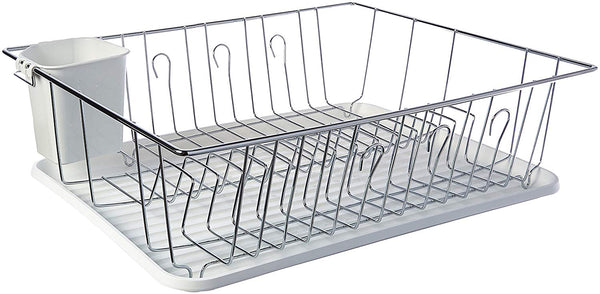 Mega Chef Single Level Dish Rack with 14 Plate Positioners and A Detachable Utensil Holder, White