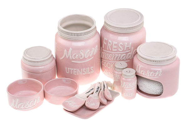 Pink Ceramic Kitchen Mason Jars - 7-Piece Vintage Kitchenware Set - Measuring Cups, Measuring Spoons, Spoon Rest, Salt & Pepper Shakers, Sponge Holder, Cookie Jar, and Utensil Crock by Goodscious