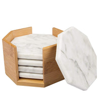 White Carrara Marble Coasters with Bamboo Holder, Set of 5