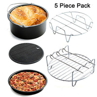 Universal 5 Piece Air Fryer Accessory Pack for Gowise Phillips or More Brand Air Fryer Accessories Kit of 5 Fit all 3.7QT-5.3QT-5.8QT-Cake Barrel,Pizza Pan,Metal Holder,Skewer Rack,Silicone Mat