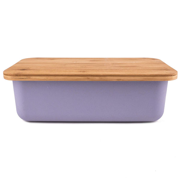 CLOSEOUT Rectangular Bamboo Fiber Bread Box with Wood Cutting Board Lid - Kitchen Countertop Container to Keep Homemade Artisan Loaves and Bagels Fresh - Modern Blue/Gray Colored