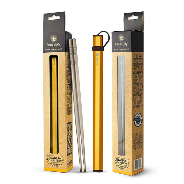 Titanium Chopsticks (NEW CASES) Extra Strong Ultra Lightweight Professional (Ti), Chopsticks Comes with Exclusive Quality Free NEW Aluminium Case (Golden)