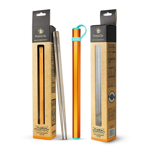 finessCity Titanium Chopsticks Extra Strong Ultra Lightweight Professional (Ti), Chopsticks Comes Free Aluminium Case (Orange)
