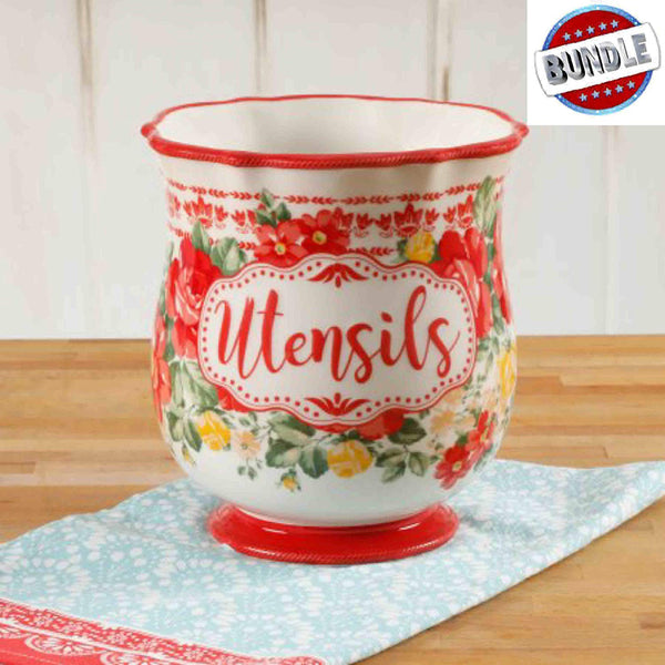 The Pioneer Woman EXTRA-VALUE BUNDLE Vintage Floral 6.75-Inch Utensil Holder AND 100% Cotton Matching Vintage Floral Kitchen Towel- PLUS Mixing Spoons & SPECIAL EDITION Cookbook!