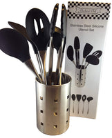 Kitchen Cooking Utensil Set Checkered Chef. Stainless Steel and Silicone Utensils with Metal Holder. Six Piece Set Includes Tongs, Turner And More. Best For Nonstick Cookware. Dishwasher Safe.