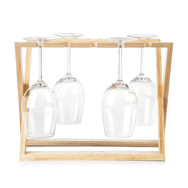 Bamboo Wine Glass Holder Rack: Hangover Foldable Stemware kitchen Organizer to Hold 6 Wine Glasses of Various Sizes, Countertop or Tabletop wood Storage, Display and Drying of Stemmed Wine Glasses
