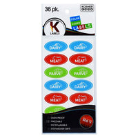 36 Assorted Kosher Labels - 12 Blue Dairy, 12 Red Meat, 12 Green Parve Stickers -Oven Proof up to 500°, Freezable, Microwavable, Dishwasher Safe, English – Color Coded Kitchen Tools by The Kosher Cook