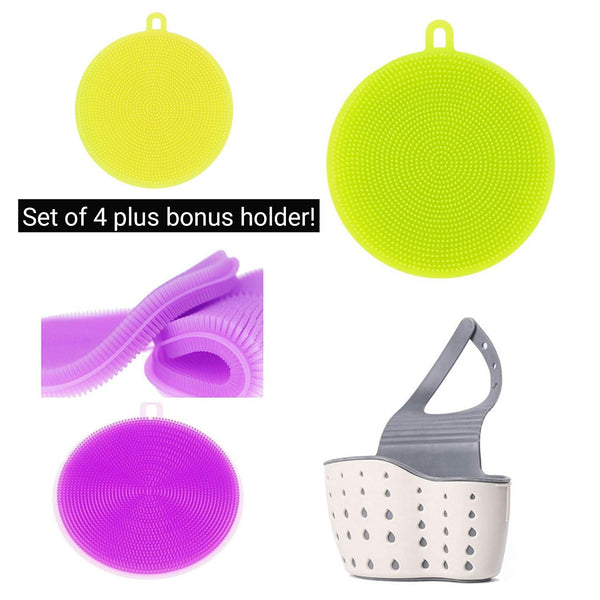 Antibacterial Double Sided Silicon Cleaning Brushes with Holder. Use For Kitchen Insulation Mats, Dish Brush, Makeup Brush Cleaner, Jar Opener, Clothes Brush, Shower Brush Fruits/Vegetables Brush