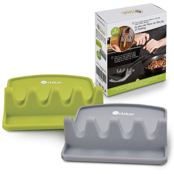Orblue Giant Spoon Rest - Silicone Utensil Rest w/ 2 Color Coded Ladle & Spoon Holder - Lime Green & Slate Gray