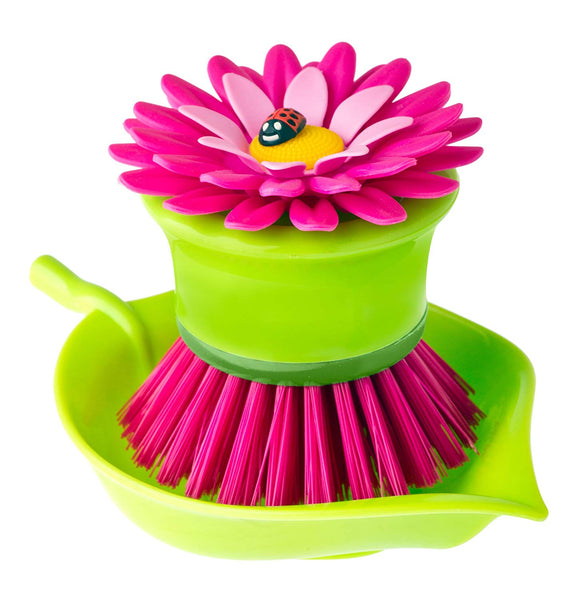 Vigar Flower Power Pink Palm Dish Brush With Holder, 5-3/4-Inches by 3-3/4-Inches, Pink, Green