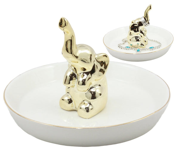 Ebros Gold Plated Pachy Elephant Ceramic Jewelry Holder Figurine Pachyderm Trumpeting Elephant Vanity Accessory Ring Storage Figurine