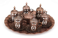 Turkish Coffee Serving Cups with Holders Lids, Saucers and Tray 6 pcs Set, plant (bronze)