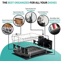 Customizable Two-Tier Dish Rack - Stainless Steel Professional Drainer for Counter or Over the Sink with Drain Board, Microfiber Mat, Dispensing Dish Brush - Includes 2 FREE E-books and Mobile Stand