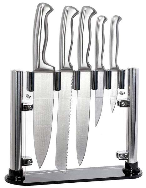 6 Piece Knife Set with Clear Thin Stand by El Perfecto Kitchen Stainless Steel Blades & Acrylic Stand – 8” Chef, Slicing, & Bread, 5” Utility, & 3.5” Paring Knives + 30 Day Guarantee