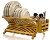 Intriom Bamboo Dish Rack with Utensil Holder Set Scissor Style Foldable (Dish Rack)