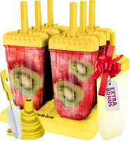 Popsicle Molds Set - BPA Free - 6 Ice Pop Makers + 1 Extra Mold + Silicone Funnel + Cleaning Brush + Recipes E-book - by Lebice