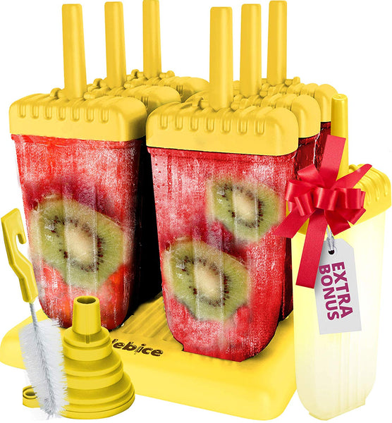 Popsicle Molds Set - BPA Free - 6 Ice Pop Makers + 1 Extra Mold + Silicone Funnel + Cleaning Brush + Recipes E-book - by Lebice