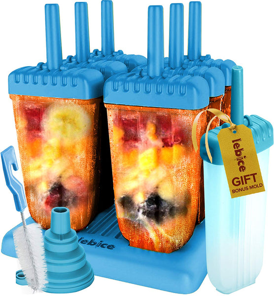 Popsicle Molds Set - BPA Free - 6 Ice Pop Makers + 1 Extra Mold + Silicone Funnel + Cleaning Brush + Recipes E-book - by Lebice