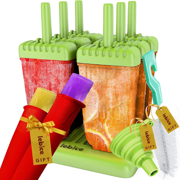 Popsicle Molds Set - BPA Free - 6 Ice Pop Makers + Silicone Funnel + Cleaning Brush + 2 silicon molds + Ice Cream Recipes E-book - by Lebice