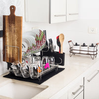Customizable Two-Tier Dish Rack - Stainless Steel Professional Drainer for Counter or Over the Sink with Drain Board, Microfiber Mat, Dispensing Dish Brush - Includes 2 FREE E-books and Mobile Stand