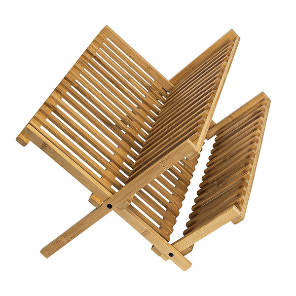 Bamboo 2-tier Dish Drying Rack - Collapsible Compact Bamboo Dish Drainer - Countertop Dish Dryer (20 slots 18x10x9.5)