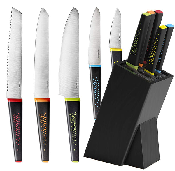 Vremi 5 Piece Chef Knife Set with Dark Wood Block - includes Carving Paring Serrated Bread Utility and Chefs Knives with Stainless Steel Blades and Colorful Ergonomic Non Slip Handles