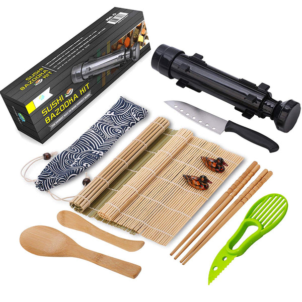 Sushi Making Kit - All In One Sushi Bazooka Maker with Bamboo Mats, Bamboo Chopsticks, Avocado Slicer, Paddle,Spreader,Sushi Knife, Chopsticks Holder, Cotton Bag - DIY Sushi Roller Machine - Black