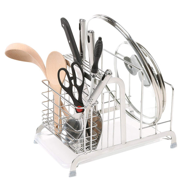 Stainless Steel Dish Drying Rack, Pot Lid & Utensil Holder with Draining Tray