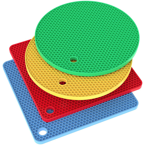 Vremi Silicone Trivet Set - 4 Heat Resistant Pot Holders Trivets for Hot Dishes - Decorative Square and Circle Cooking Potholders Pads for Kitchen Table Countertop - Blue Red Yellow Green