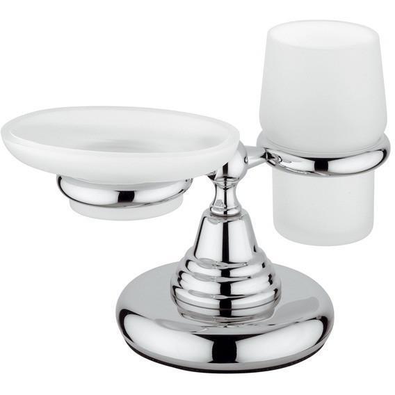 BA Canova Bathroom Frosted Glass Soap Dish Holder & Tumbler Set- Brass