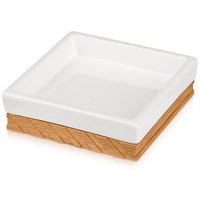 MV Ceramic With Bamboo Wood Bathroom Square Soap Dish Holder Tray Soap Holder