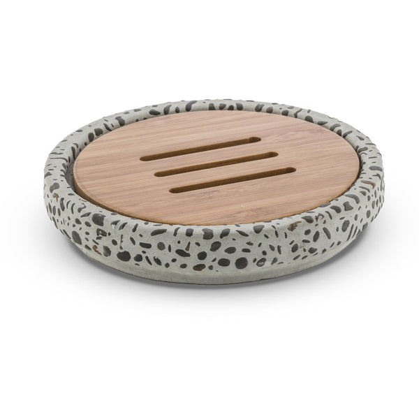CP Graniglia Round Soap Dish Holder Tray Soap Holder, Cement and Bamboo