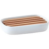 Oscar Rectangular Ceramic Soap Dish Holder Tray, Soap Saver with Wood Drain