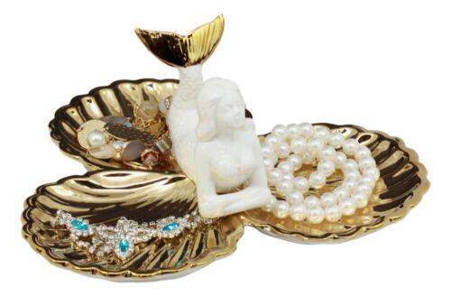 Ebros Ariel Mermaid with Three Golden Clam Shells Jewelry Dish Holder Figurine 9" L Art Nouveau Decor