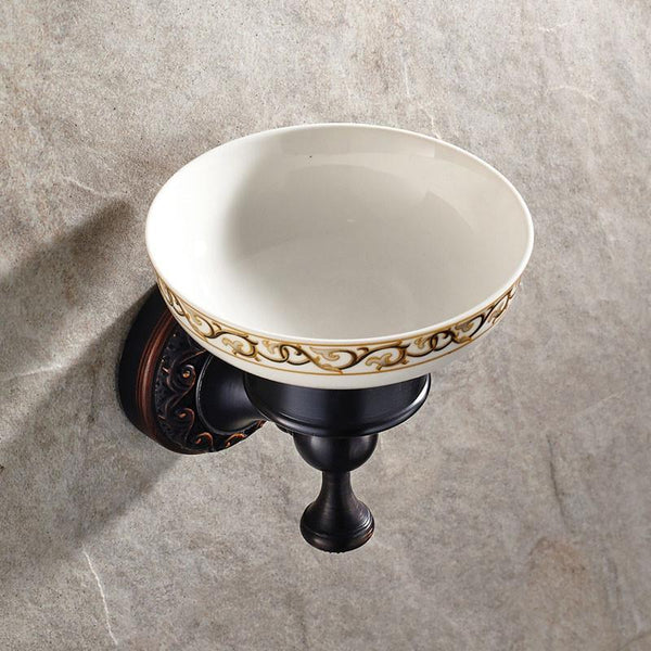 Antique Black Soap Dish Solid Brass W/ Ceramic Soap Dish Cup Carved Oil Bronze Soap Dish Holder Wall Mounted Bathroom Product